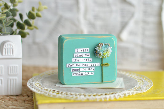 Aqua Blue Psalm 13:6 with Fabric Flower - C16