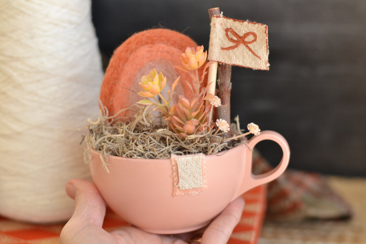 Large Autumn Pink Mug with Felt Rainbow