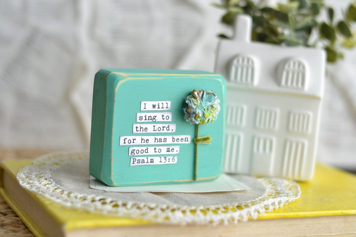 Aqua Blue Psalm 13:6 with Fabric Flower - C16