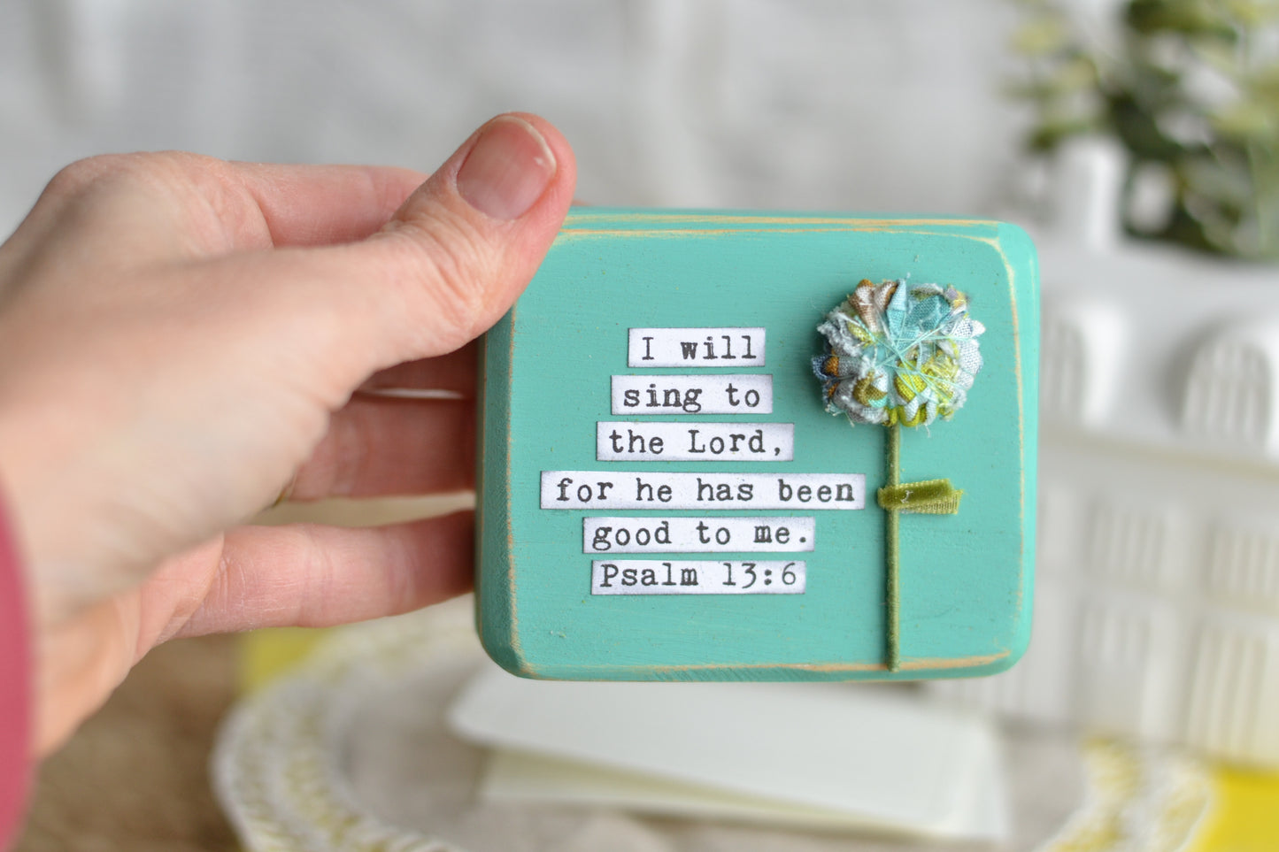 Aqua Blue Psalm 13:6 with Fabric Flower - C16