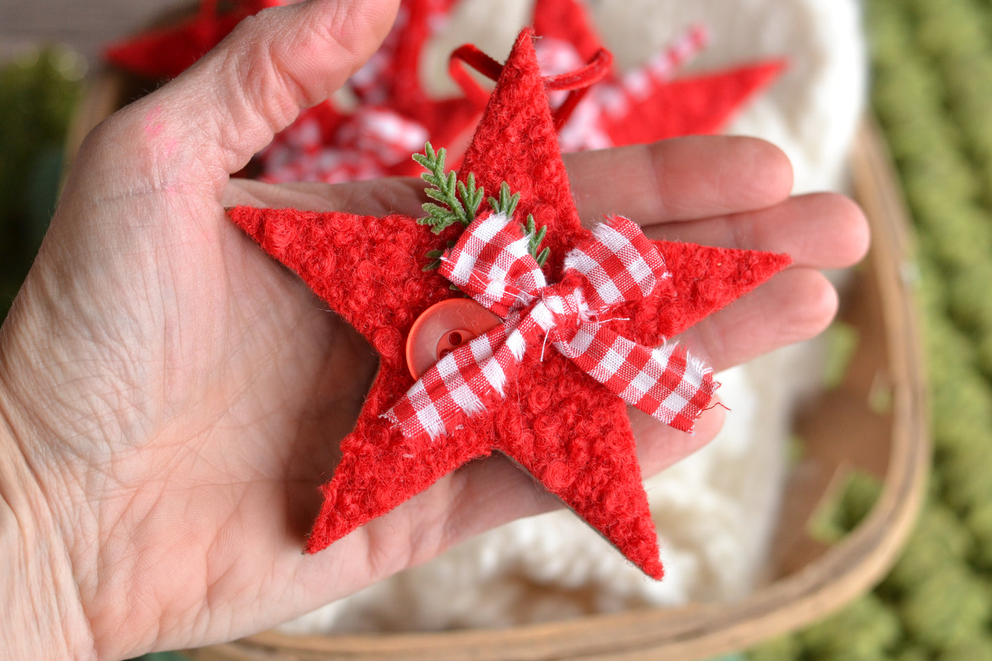 RED BOUCLE Wood Star Ornament