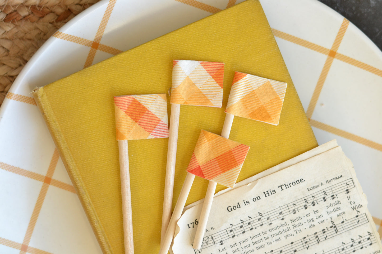 Mini Flag Set of FOUR - Orange and Yellow Plaid Set