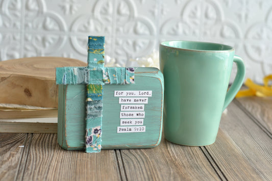 Blue Psalm 23 Wood Sign with Fabric Wrapped Cross - C19