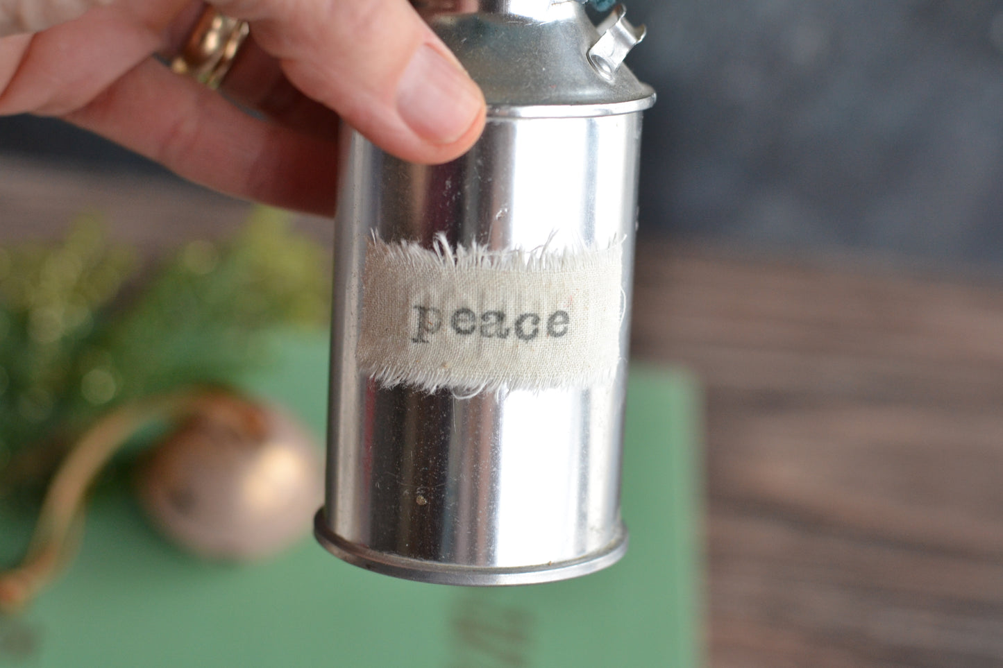 Green Wrapped Patchwork tree in a Metal Tin
