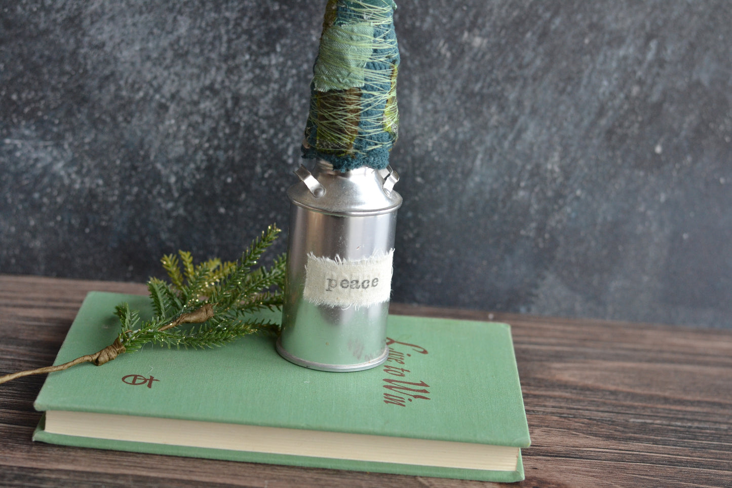 Green Wrapped Patchwork tree in a Metal Tin