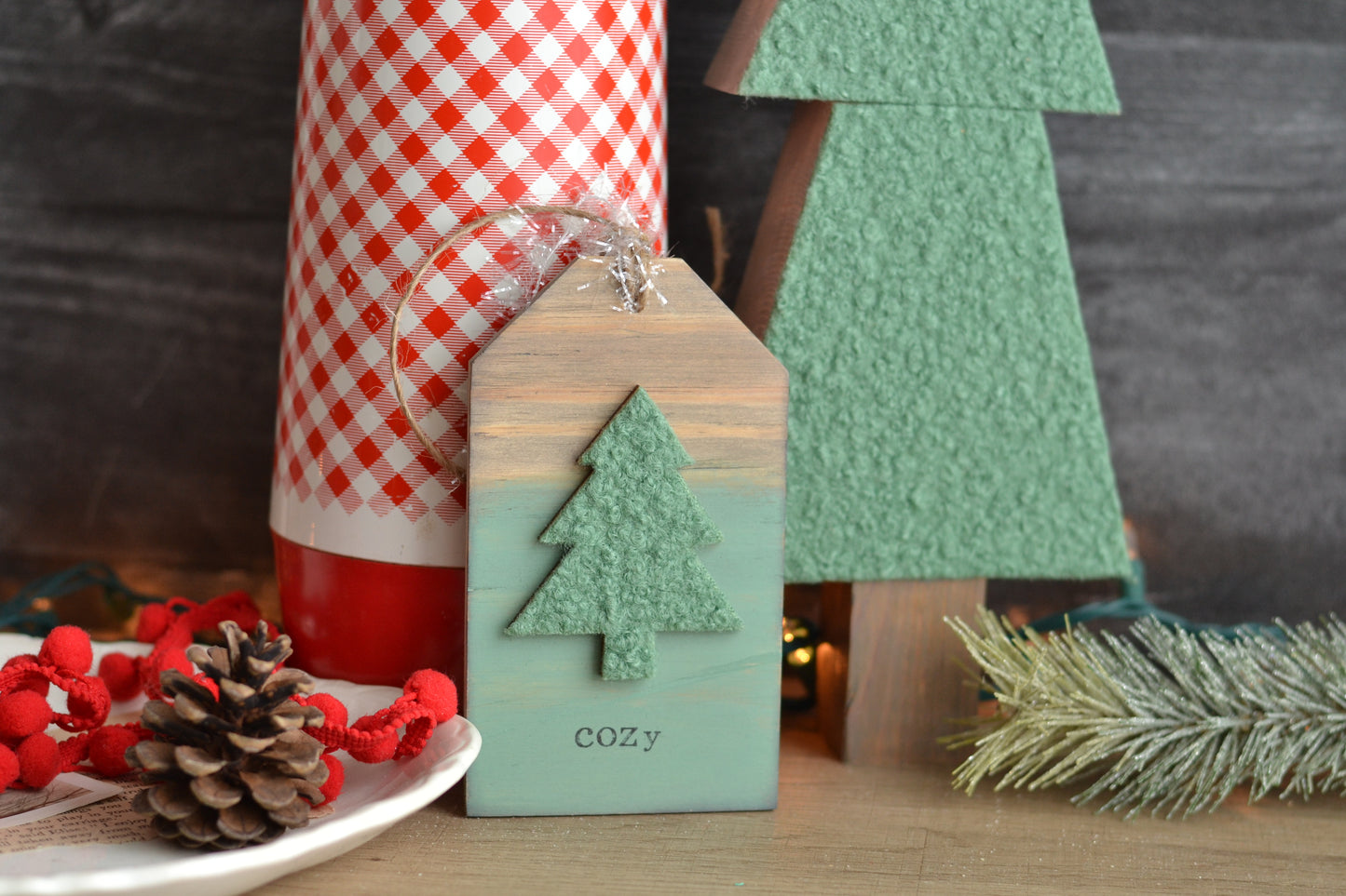 Sage Christmas Green Boucle Wood Tree - 12" Tall