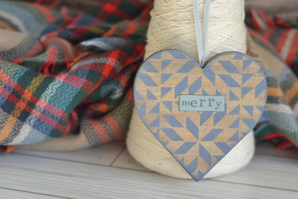Wood Quilted Heart MERRY Ornament