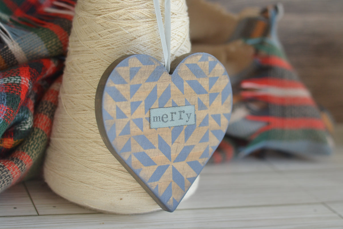 Wood Quilted Heart MERRY Ornament