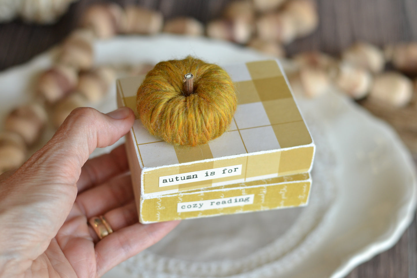 Small Wood Book Stack with Yarn Pumpkin F20