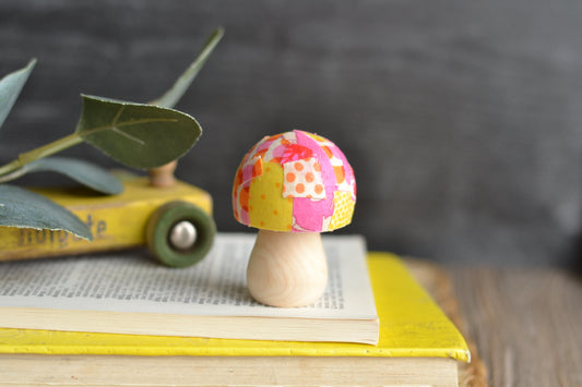 SHORT Pink & Yellow Patchwork Mushroom