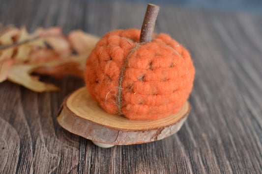 Orange Textured Pumpkin on a Log slice Pedestal F28