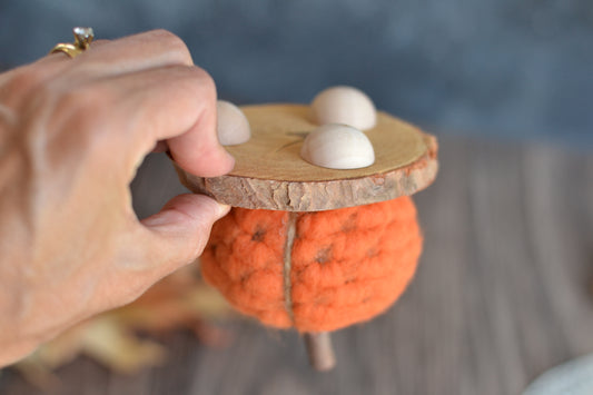 Orange Textured Pumpkin on a Log slice Pedestal F28