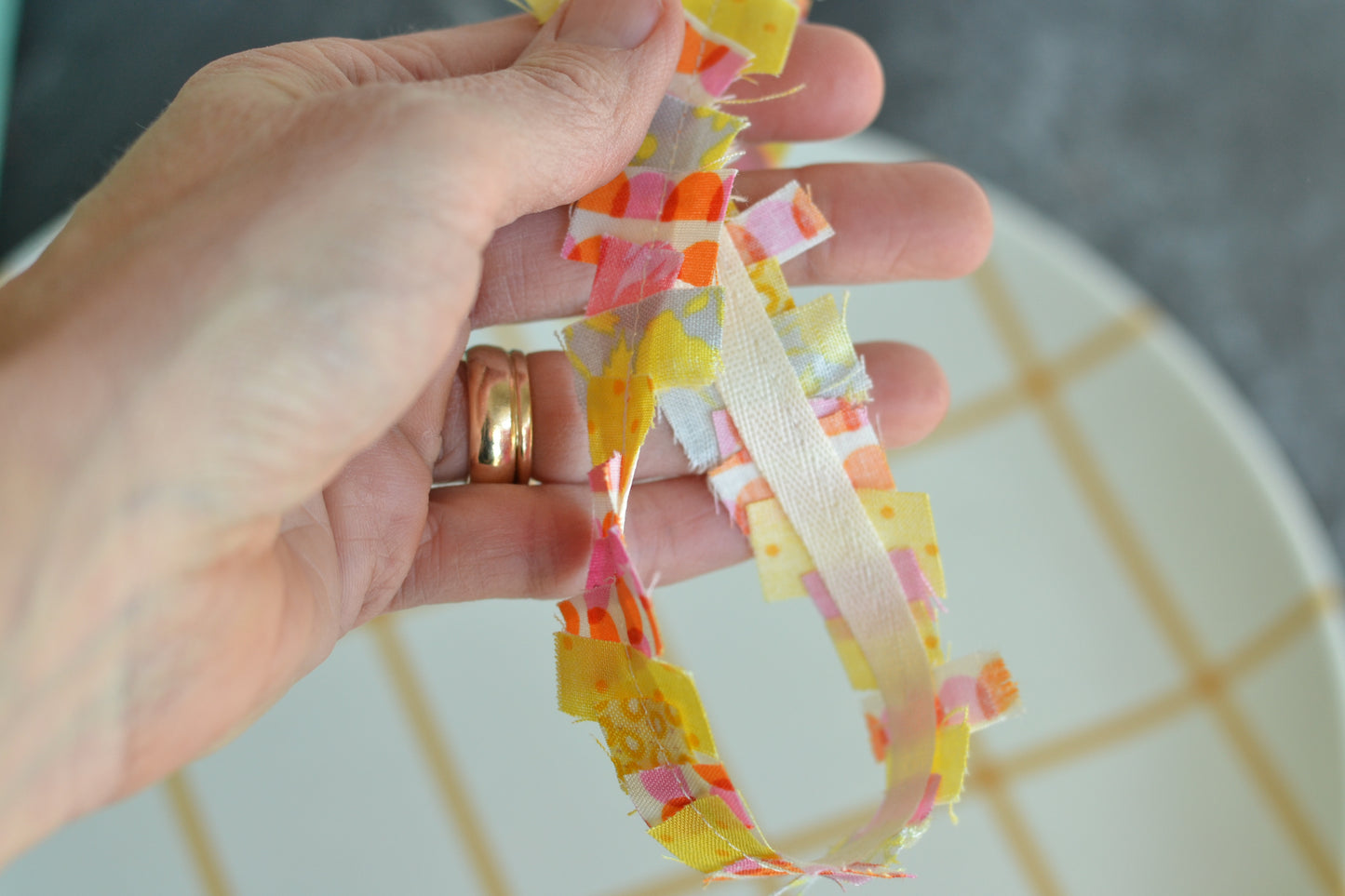 YELLOW, ORANGE PINK Scrap Fabric Ribbon - 1 Yard