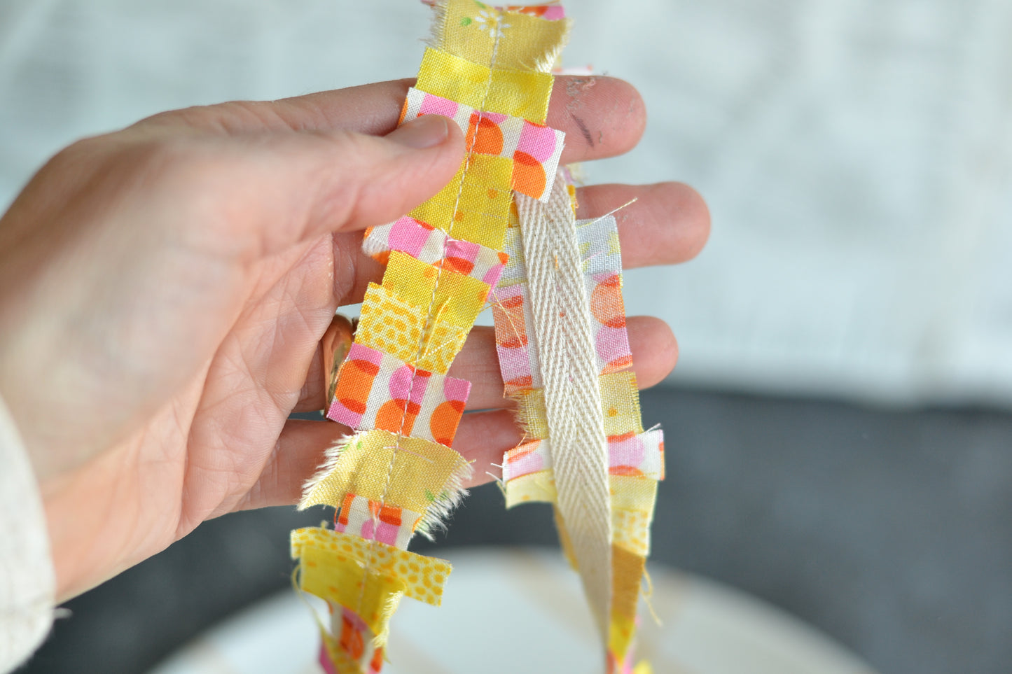 YELLOW, ORANGE PINK Scrap Fabric Ribbon - 1 Yard